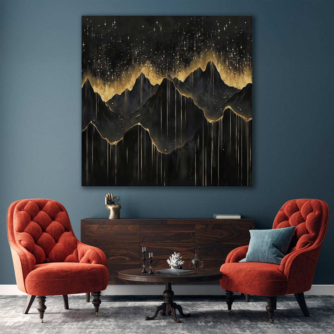 Framed Wall Art: Abstract mountain scene in black and gold. Modern Canvas Print with gold frame, perfect for living room decor. Dramatic, elegant color palette.