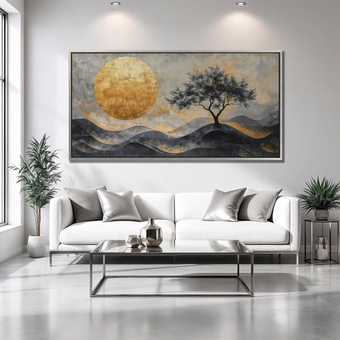 Framed Wall Art: Abstract landscape Canvas Print with gold, gray, and black tones. Modern art for living room decor.