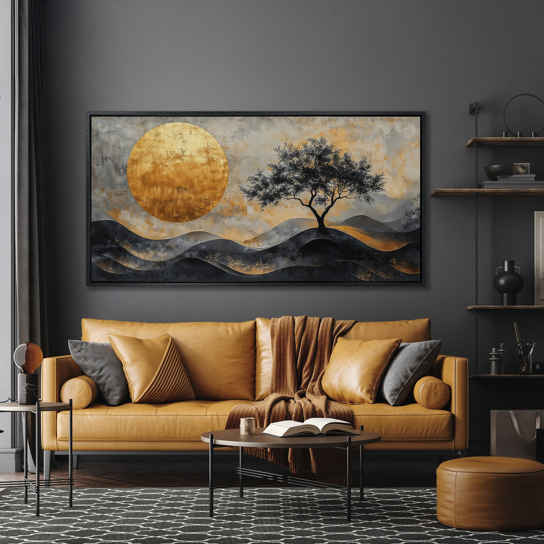 Framed Wall Art: Abstract landscape Canvas Print with gold and black accents, displayed in a modern living room with a warm, neutral color palette.
