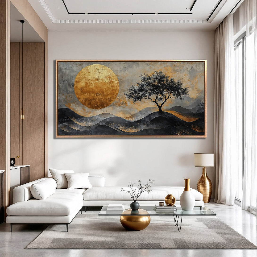 Framed Wall Art: Abstract landscape with a golden sun and tree. Modern style with gold, gray, and black color palette. Perfect for living room decor.