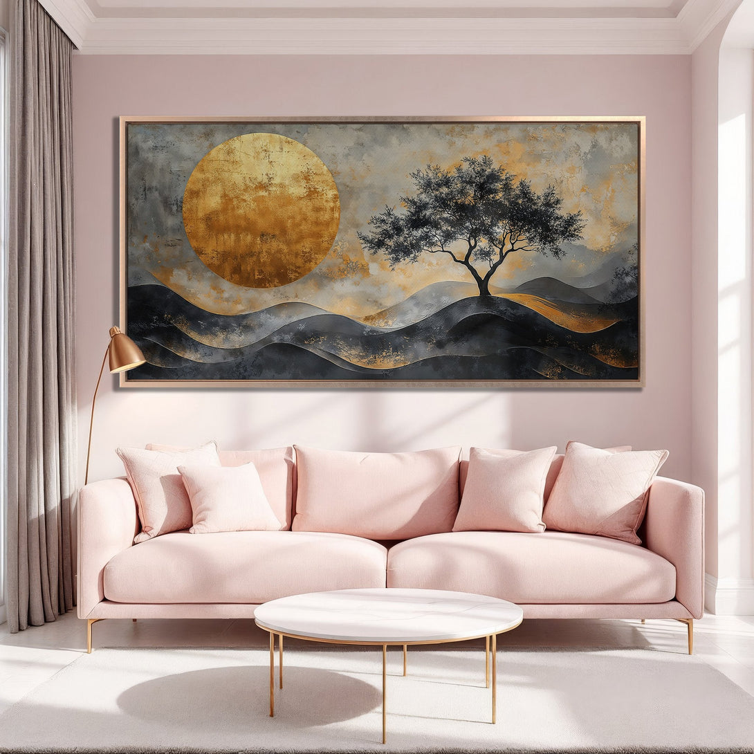 Framed Wall Art: Abstract landscape Canvas Print in gold, gray, and black tones. Modern art for your living room.