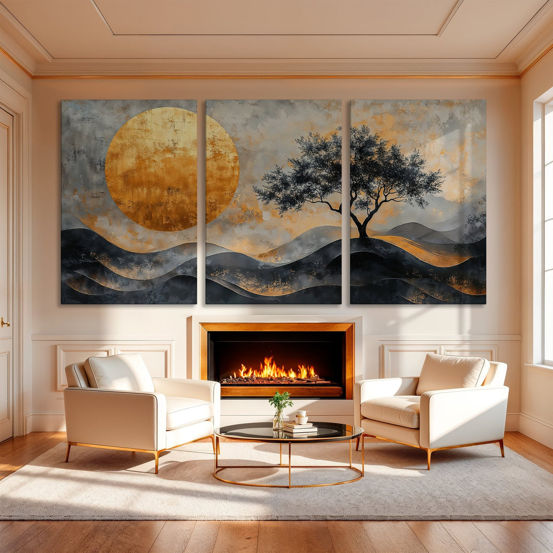 Abstract landscape Canvas Print with gold, gray, and black tones. Modern art for home decor. Adds elegance to any living room.