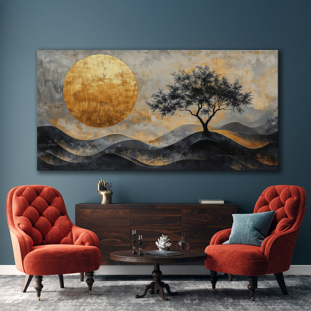 Framed Wall Art featuring an abstract landscape with a tree and golden sun. Modern style with a neutral and gold color palette. Perfect for any room!