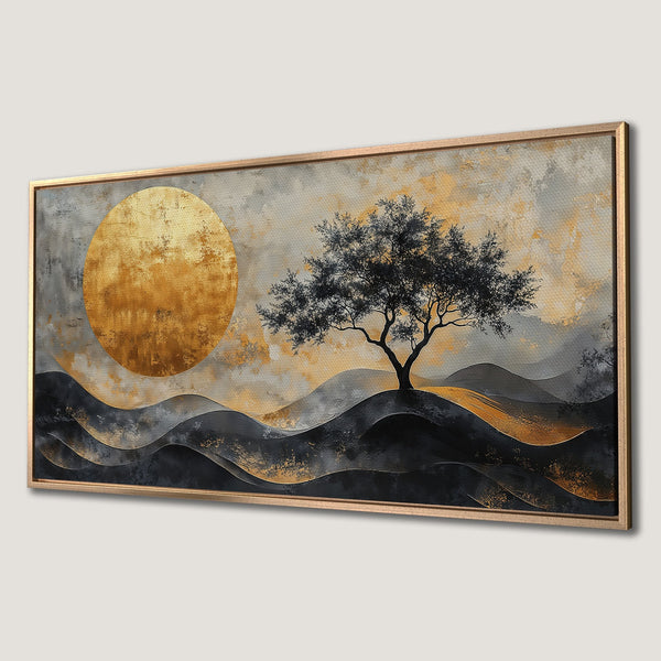 Framed Wall Art: Abstract landscape with tree, gold sun, and flowing hills. Modern art in black, gold, and gray tones. Elevate your space!