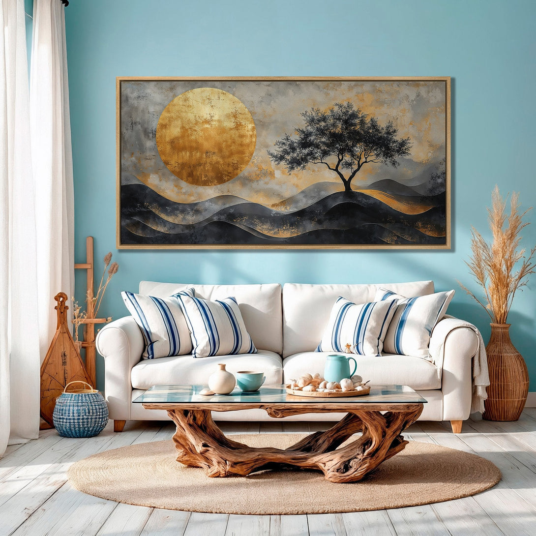 Framed Wall Art: Abstract landscape Canvas Print in gold, gray, and black. Modern art decor for living room with serene, neutral color palette.