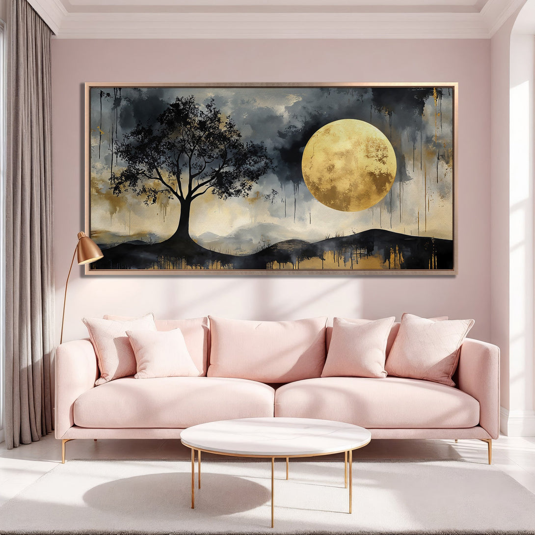 Framed Wall Art: Abstract landscape with moon, tree, and moody sky. Gold, black, and gray tones create a stunning focal point for any room.