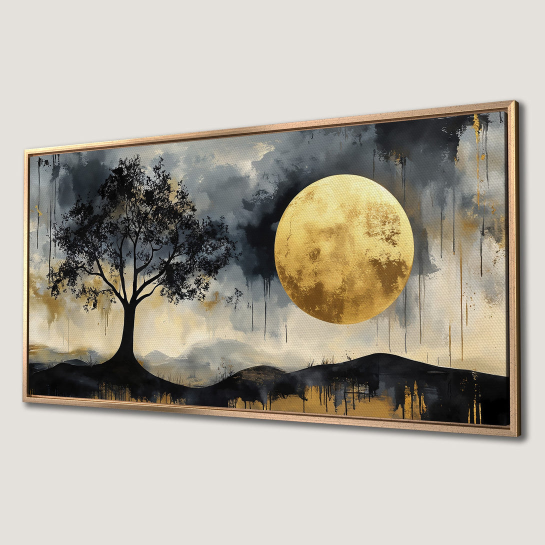 Framed Wall Art featuring a stylized tree and moon. Abstract landscape art in a black, gold, and gray color palette. Perfect for modern home decor.