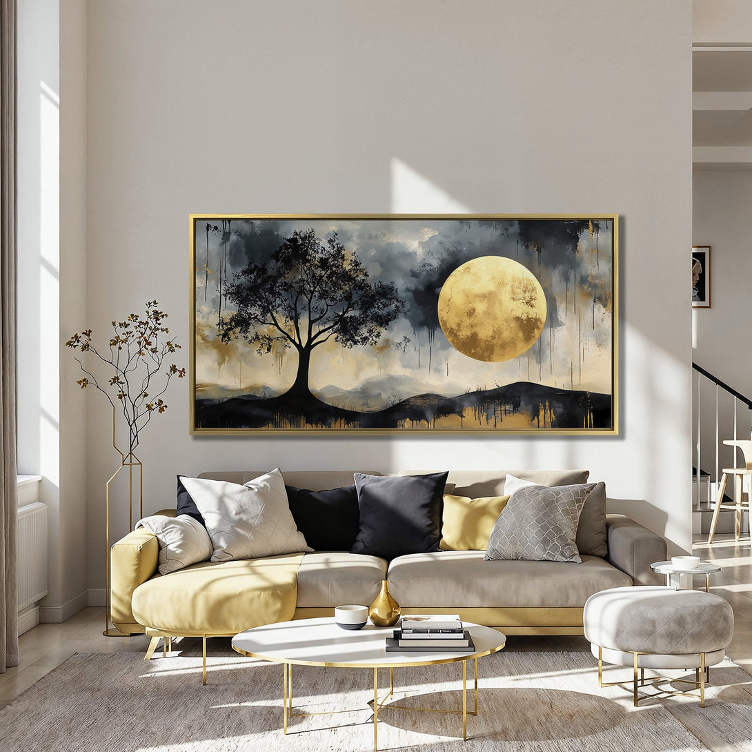 Canvas Print of a tree and moon landscape in black, gold, and gray. Modern wall art for a stylish home.