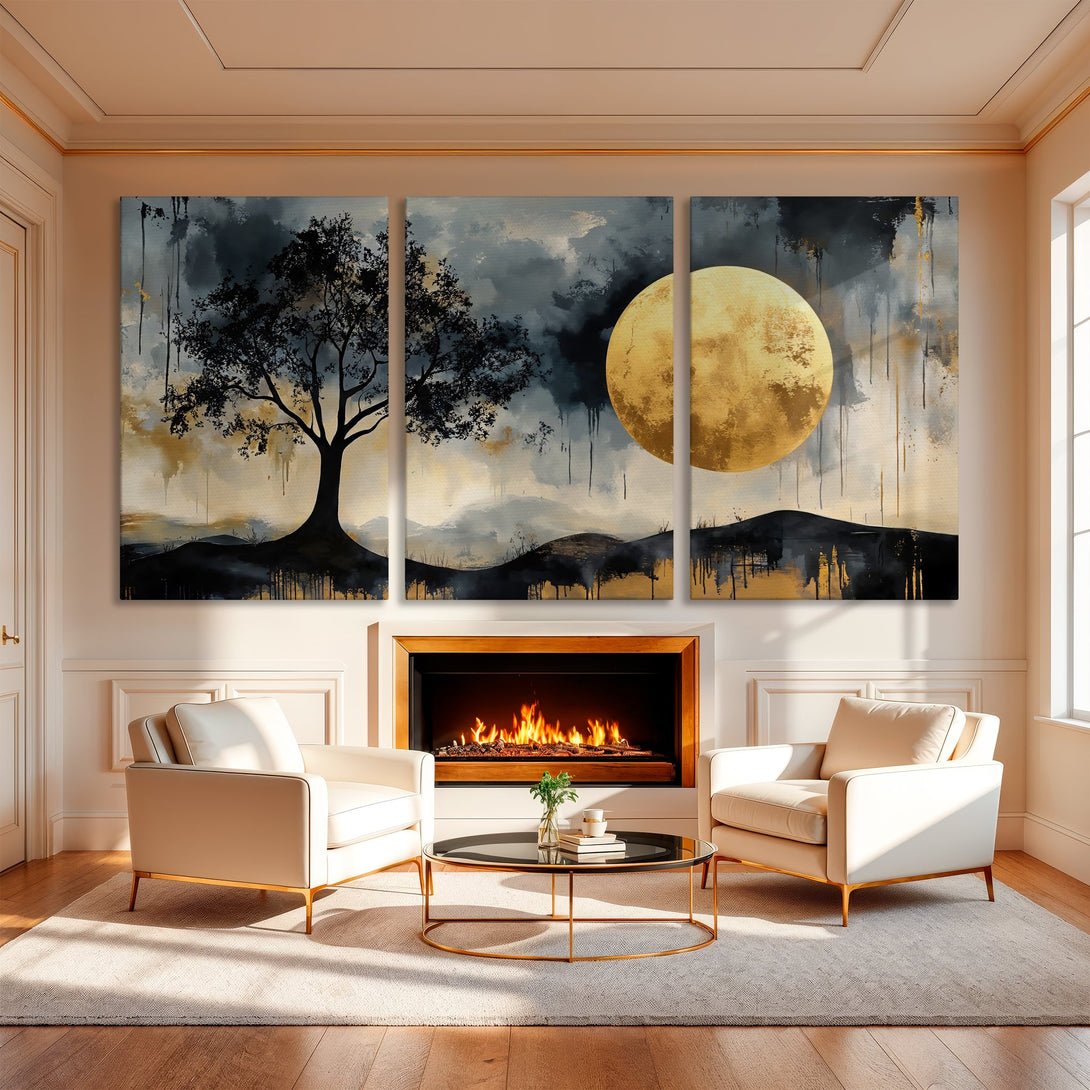 Abstract Canvas Print triptych featuring a tree and moon in a moody, gold and gray color palette. Perfect for modern home decor.