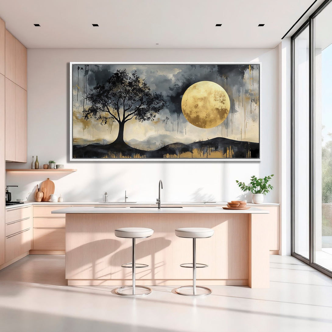 Framed Wall Art: Abstract landscape Canvas Print with tree and moon in gold, black, and gray. Modern art for your home decor.