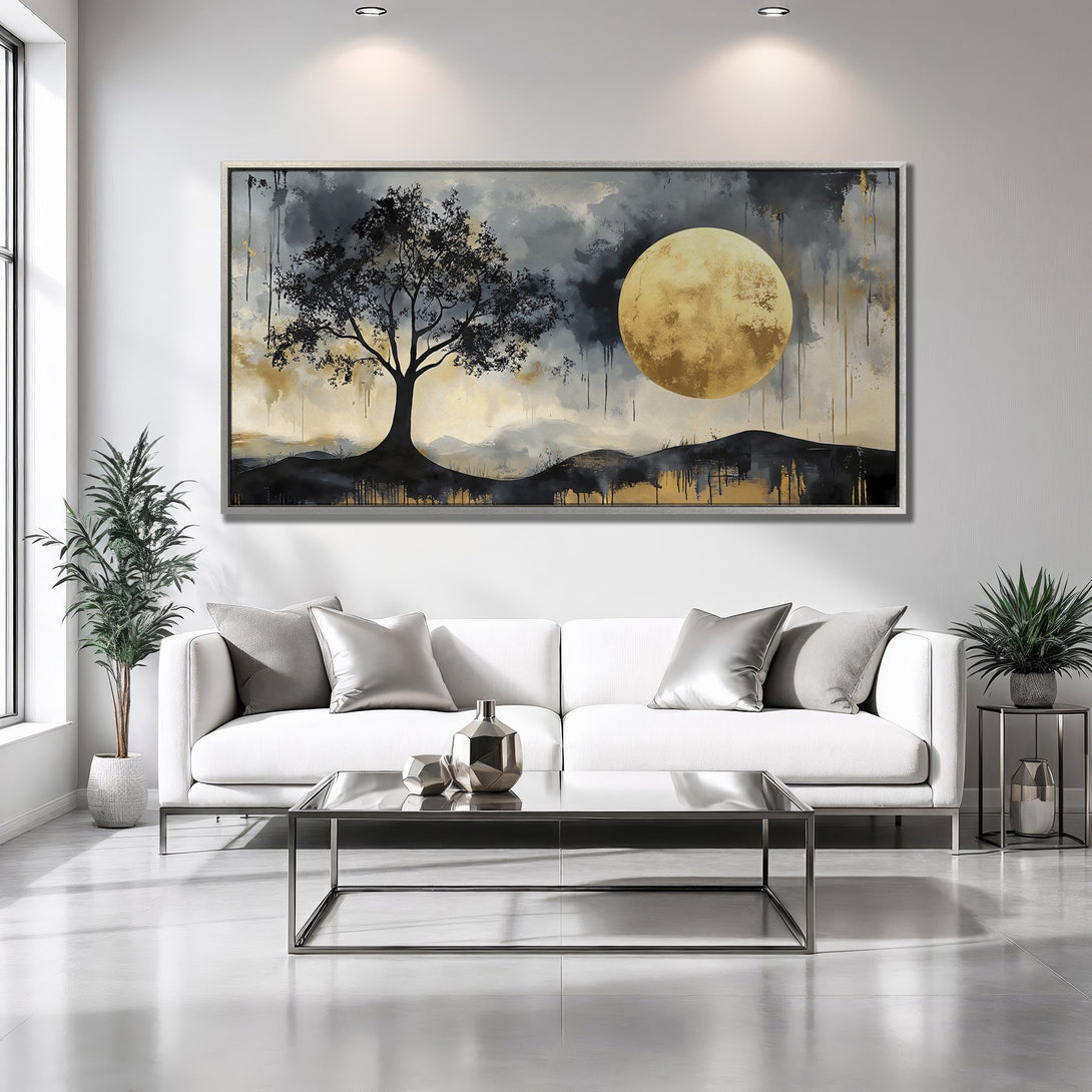 Framed Wall Art: Abstract landscape with tree and moon in gold, black, and gray. Modern art for a stylish living room.