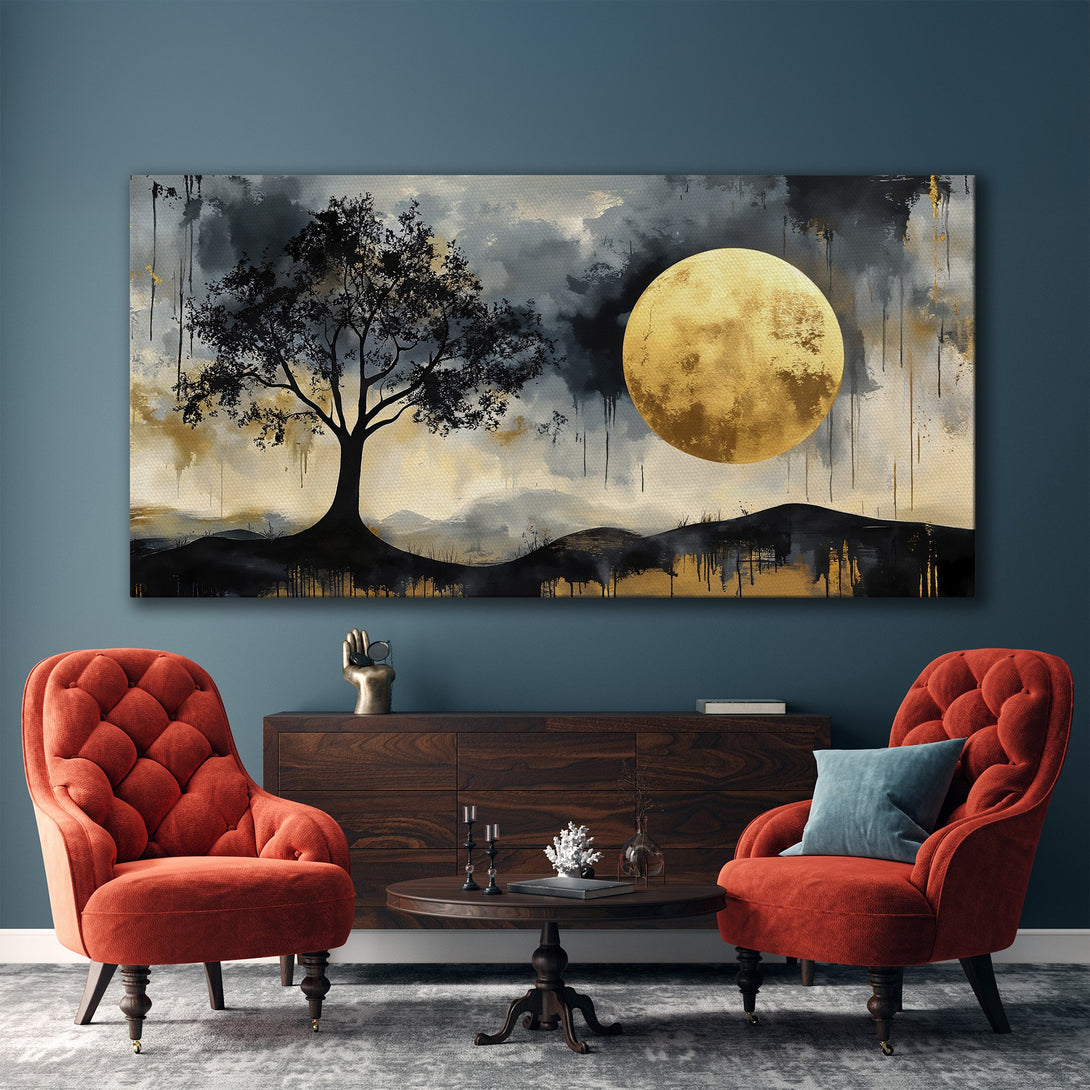 Framed Wall Art: Abstract landscape Canvas Print with a tree and moon, featuring a gold, black, and gray color palette. Perfect for modern decor.