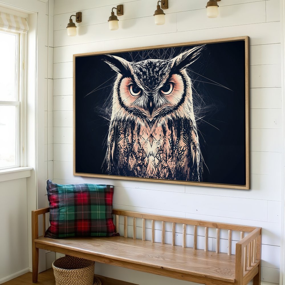 Framed Wall Art: Majestic owl portrait in a modern style, featuring a striking black and peach color palette. Perfect for any home decor!