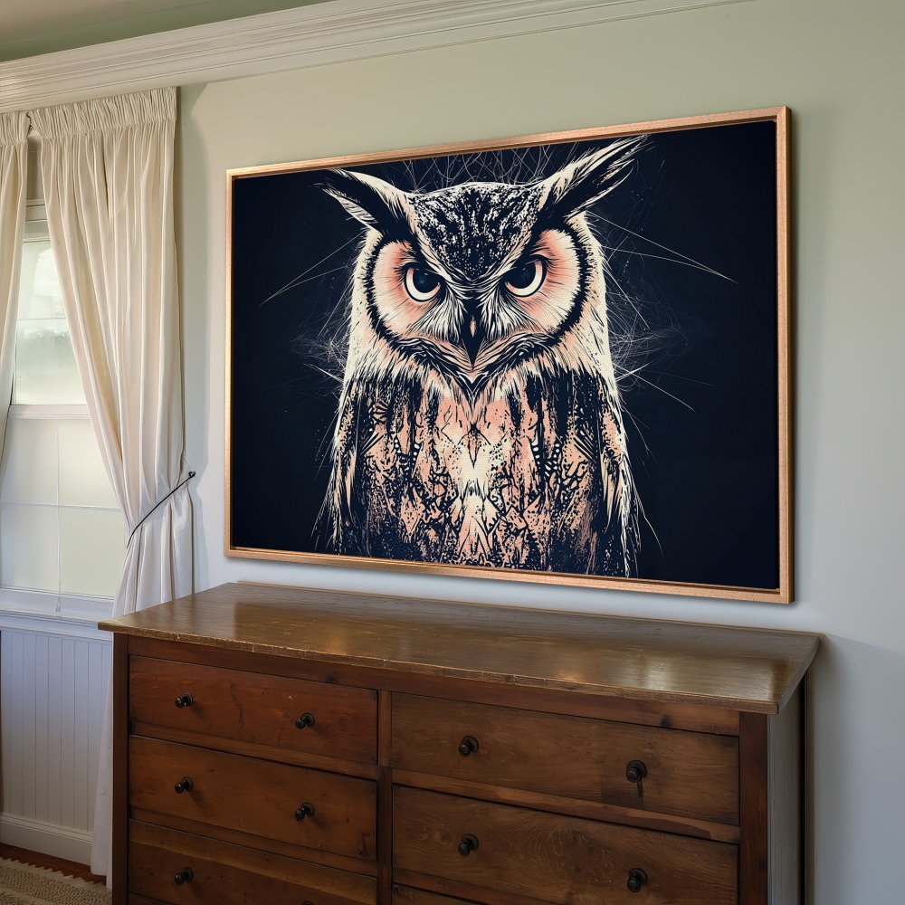 Framed Wall Art: Majestic owl portrait in a striking, artistic style. Featuring a dark, moody palette with hints of peach and cream. Perfect for any room!