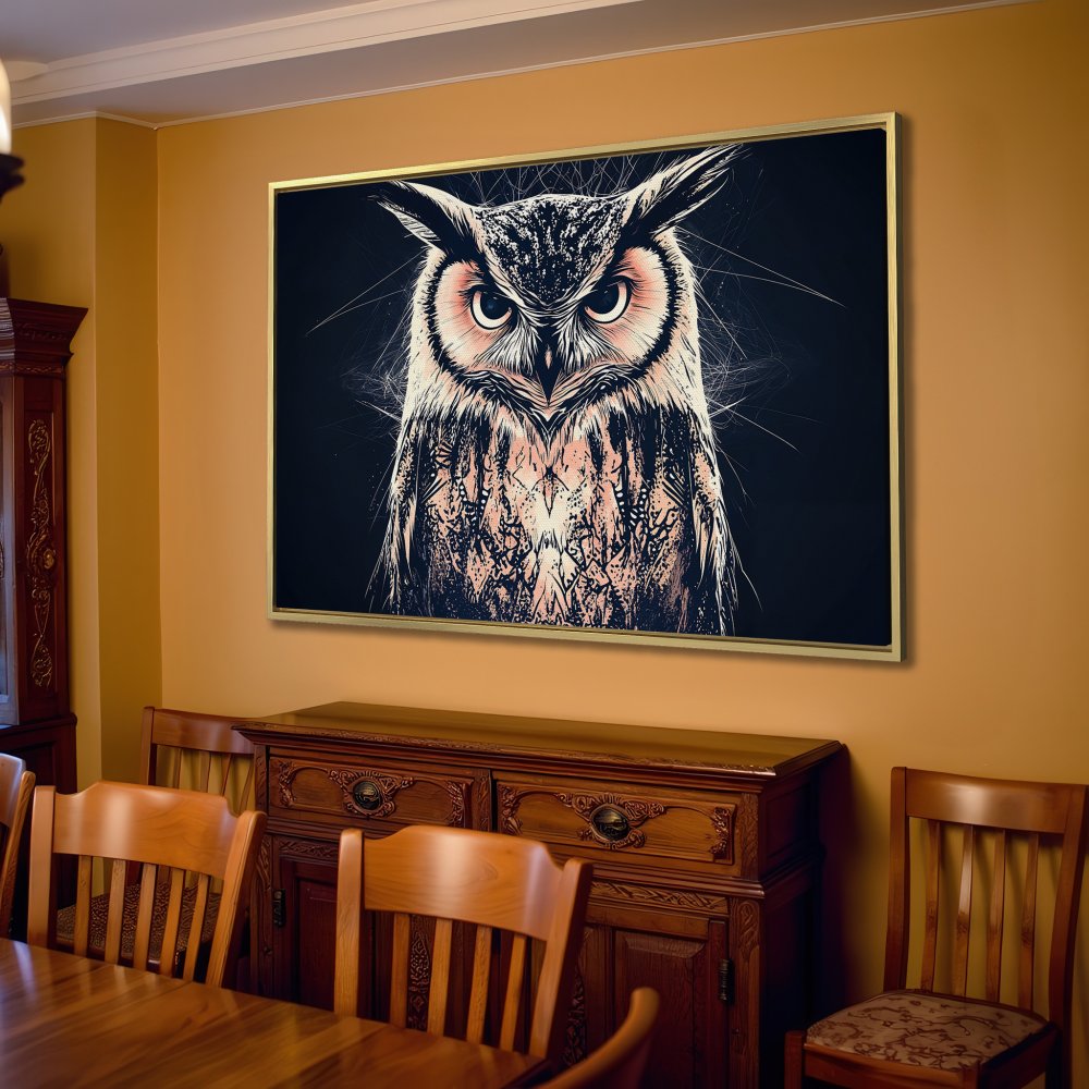 Canvas Print of a majestic owl in a modern style, featuring a dark background and warm, neutral color palette. Perfect for living room decor!