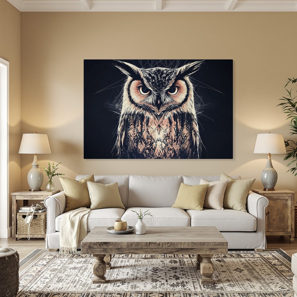 Framed Wall Art: Stunning owl portrait in a modern style with a black, white, and peach color palette. Elevate your home decor with this unique Canvas Print!