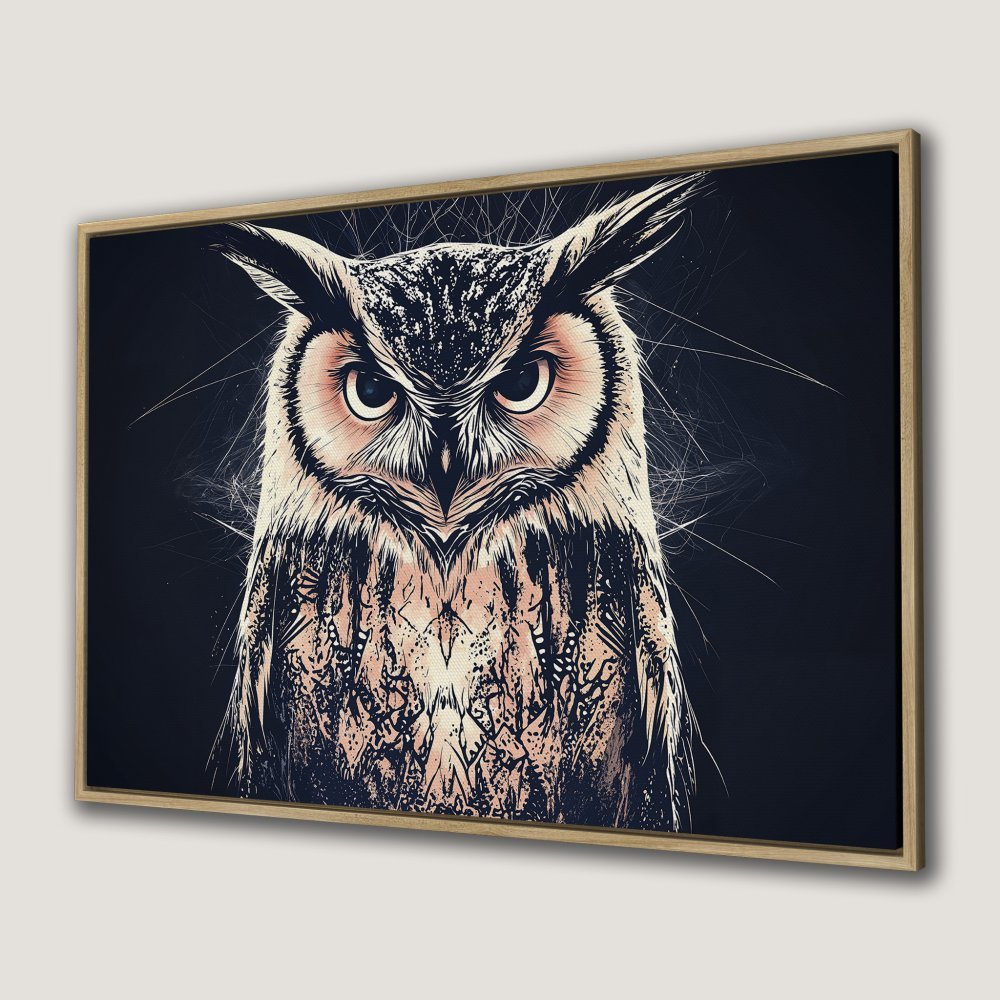 Framed Wall Art: Majestic owl portrait in a modern style. Dark, moody color palette with pops of blush and cream. Elevate your home decor!