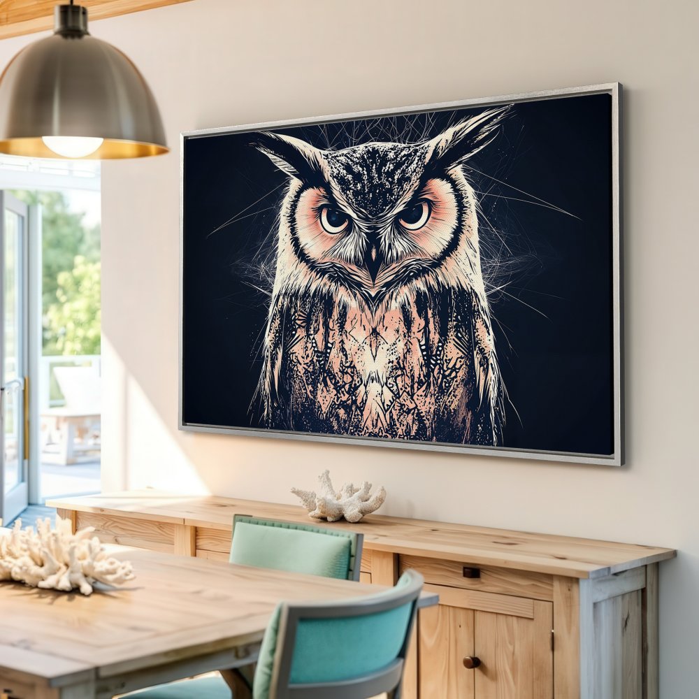 Framed Wall Art: Stunning owl portrait canvas print with a modern, artistic style. Features a dark background and a neutral color palette.