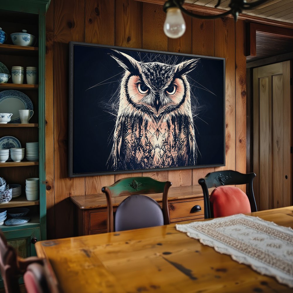 Framed Wall Art: Stunning owl canvas print in a rustic interior. Featuring a bold design with a black, beige, and pink color palette. Elevate your space!