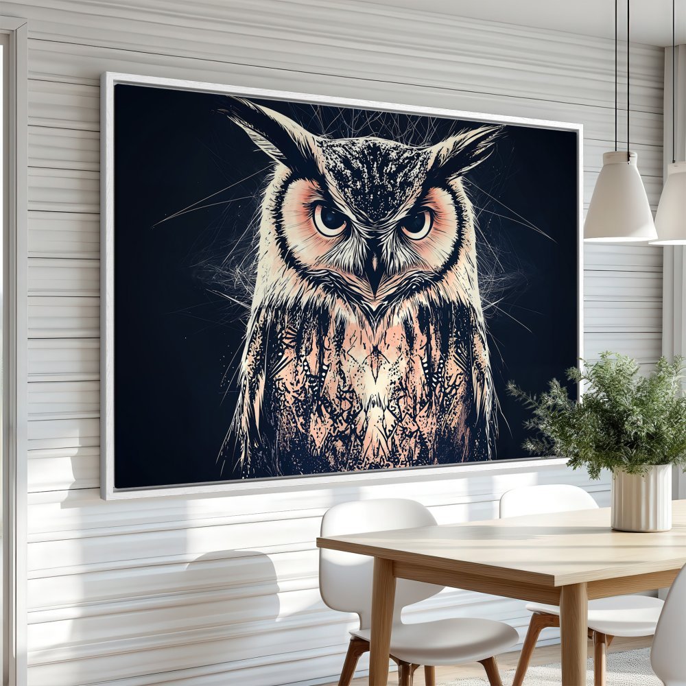 Framed Wall Art: Majestic owl portrait in a modern style with a dark, moody background and a warm color palette. Perfect for any interior!
