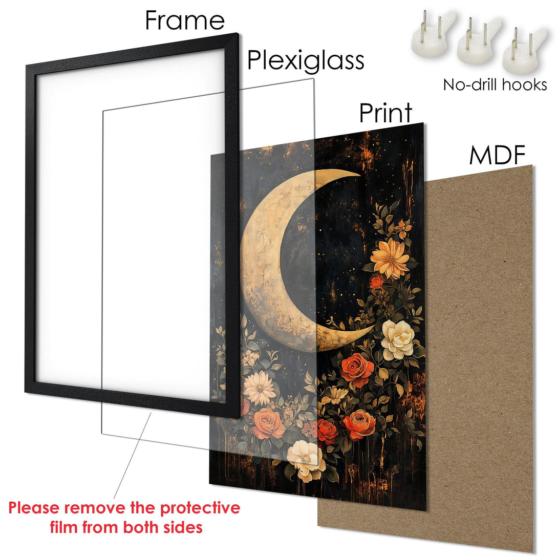 Framed Poster featuring a celestial moon and floral design, with a dark, moody color palette. Perfect wall art!