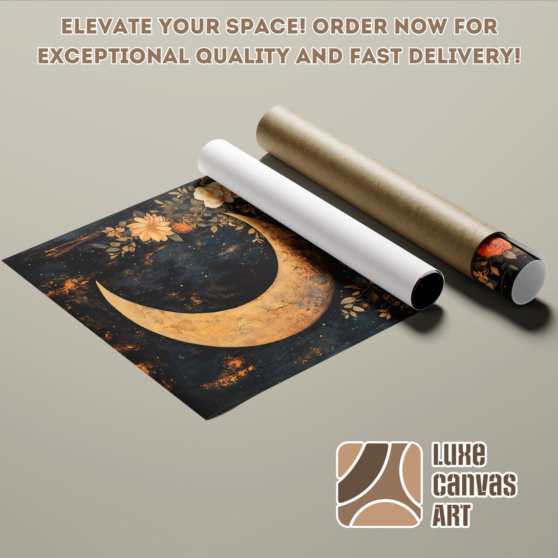 Poster Roll featuring a celestial moon and floral design in a dark, moody palette. Elevate your space!