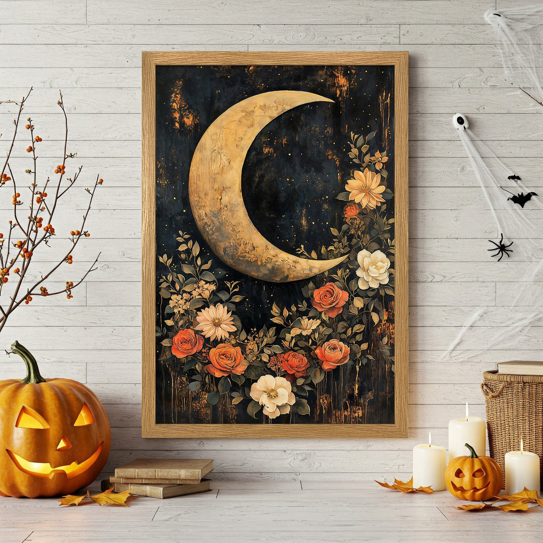 Framed Poster of a crescent moon with floral accents in a vintage style, featuring a dark, warm color palette. Perfect Halloween decor!