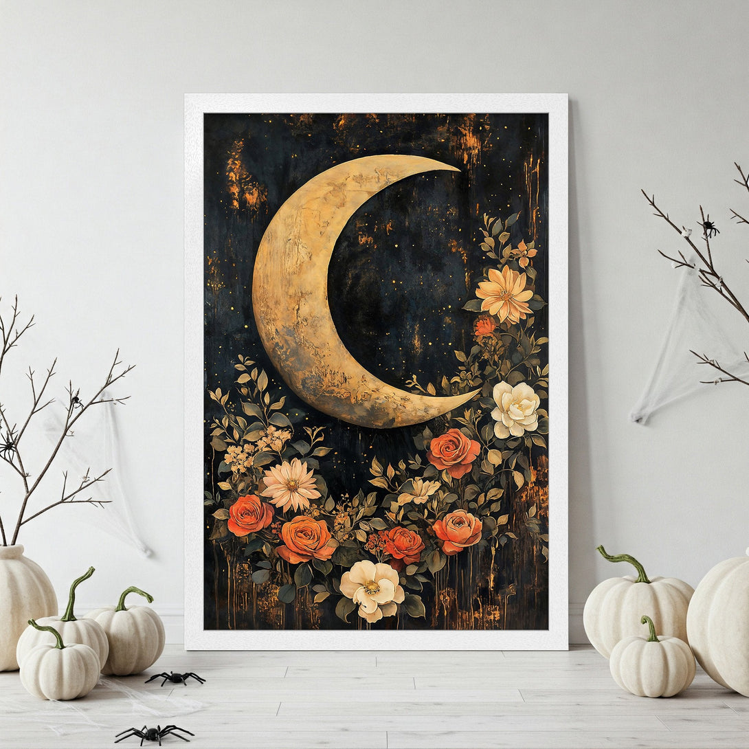 Framed Poster featuring a crescent moon and floral design in a dark, warm color palette. Perfect wall art for any space.