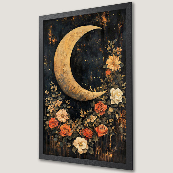 Framed Poster featuring a celestial moon and floral design in a vintage style with a dark, warm color palette. Perfect wall art!