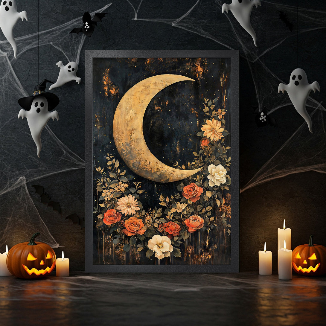 Framed Poster featuring a crescent moon and floral design in a dark, moody color palette, perfect for Halloween decor.