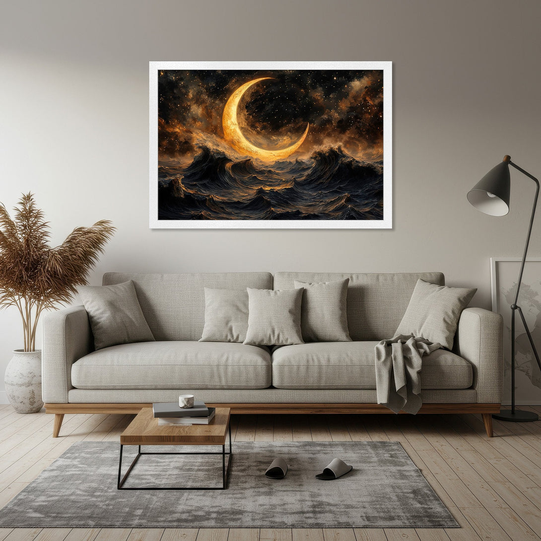 Framed Poster featuring a celestial moon over ocean waves, in a dramatic, artistic style with a warm, golden color palette.