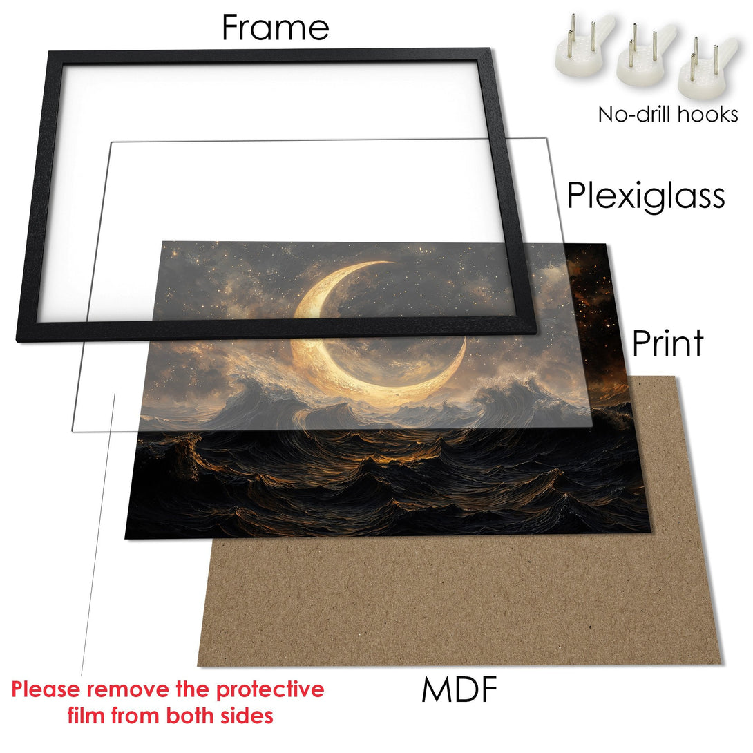 Framed Poster featuring a celestial ocean scene with a warm color palette. Perfect art for your home!