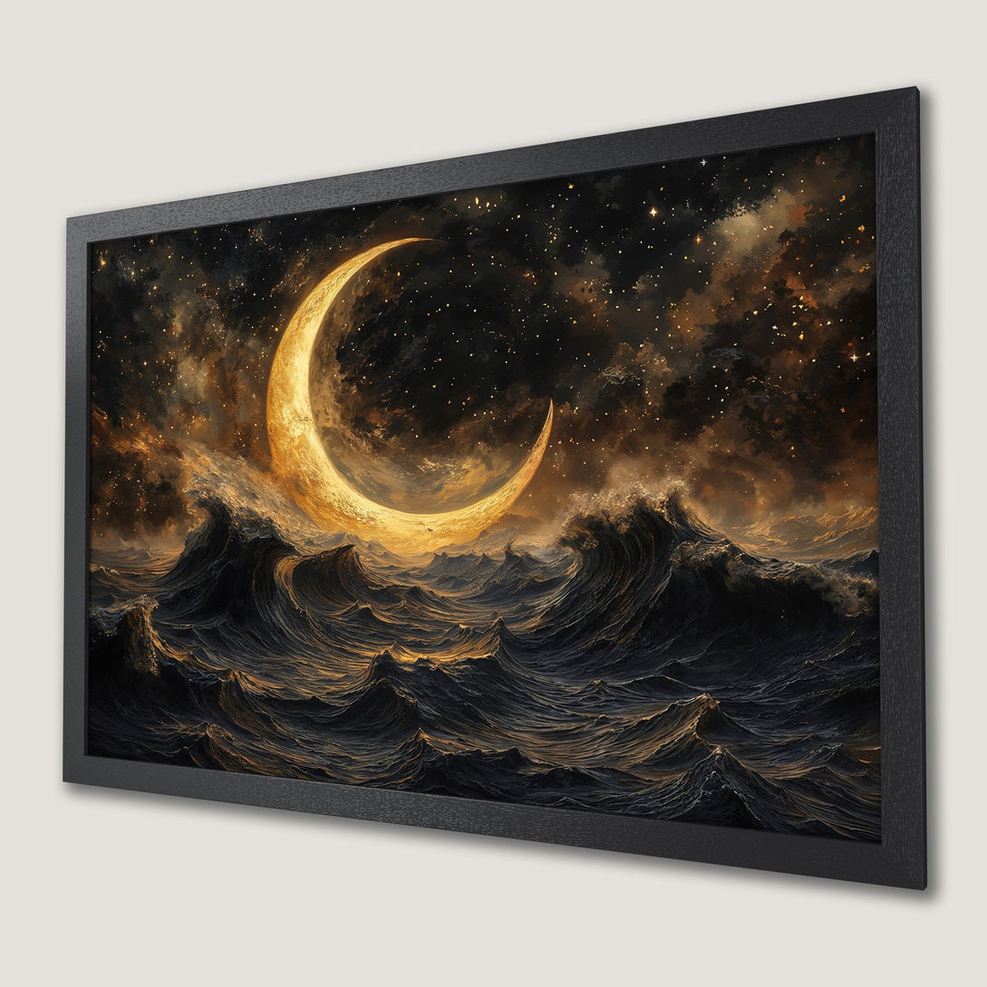 Framed Poster featuring a celestial crescent moon over dark ocean waves. Artistic style with a gold and black color palette.