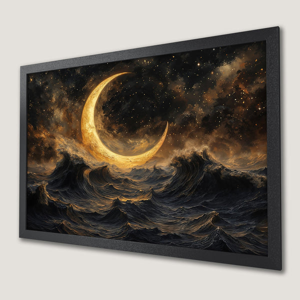 Framed Poster featuring a celestial crescent moon over dark ocean waves. Artistic style with a gold and black color palette.