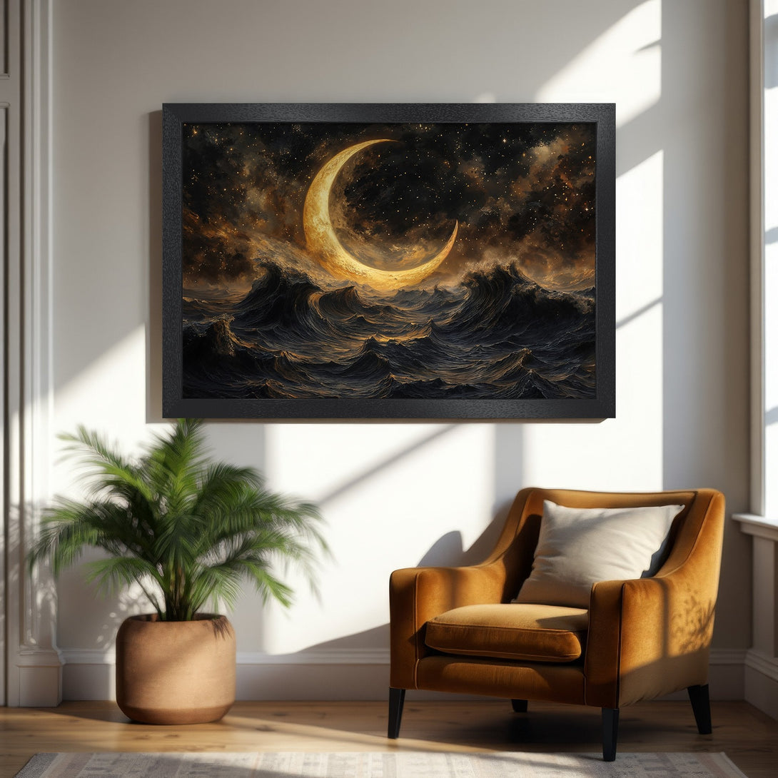 Framed Poster featuring a celestial moon over ocean waves. Dramatic art style with gold, black, and dark blue color palette. Perfect wall decor.