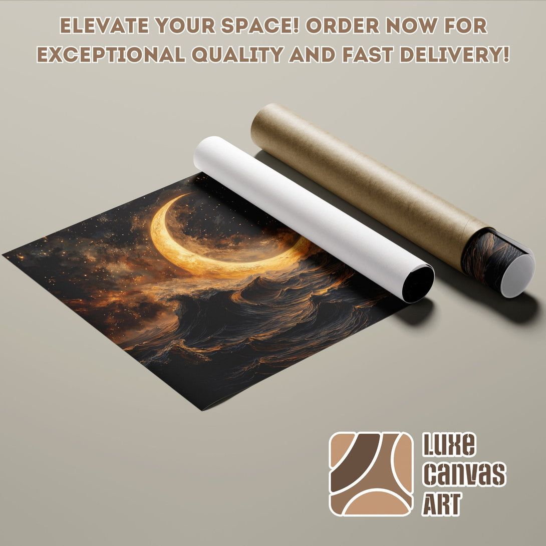 Poster Roll featuring a celestial moon design in black, gold, and brown tones. Elevate your space with Luxe Canvas Art!