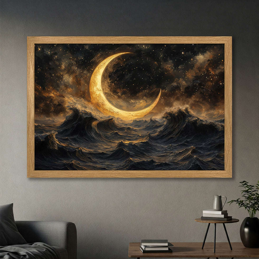 Framed Poster featuring a celestial moon over dark waves, artistic style with gold and navy color palette. Enhance your space with this stunning art.