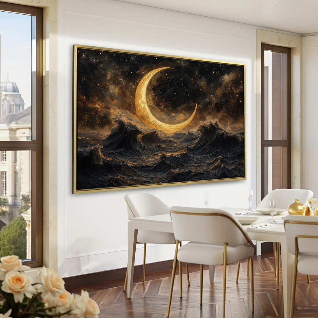 Canvas Print featuring a celestial moon over ocean waves. Dramatic, artistic style with a gold, black, and dark blue color palette. Perfect for home decor.