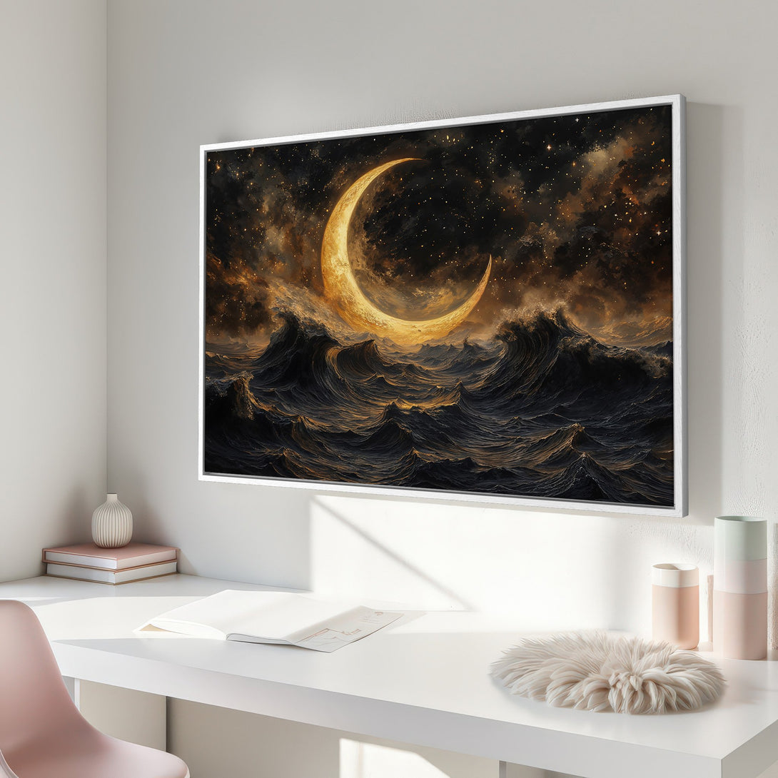 Framed Wall Art: Dramatic moon over ocean art print in gold and black tones. Perfect for adding a touch of celestial beauty to your home decor.