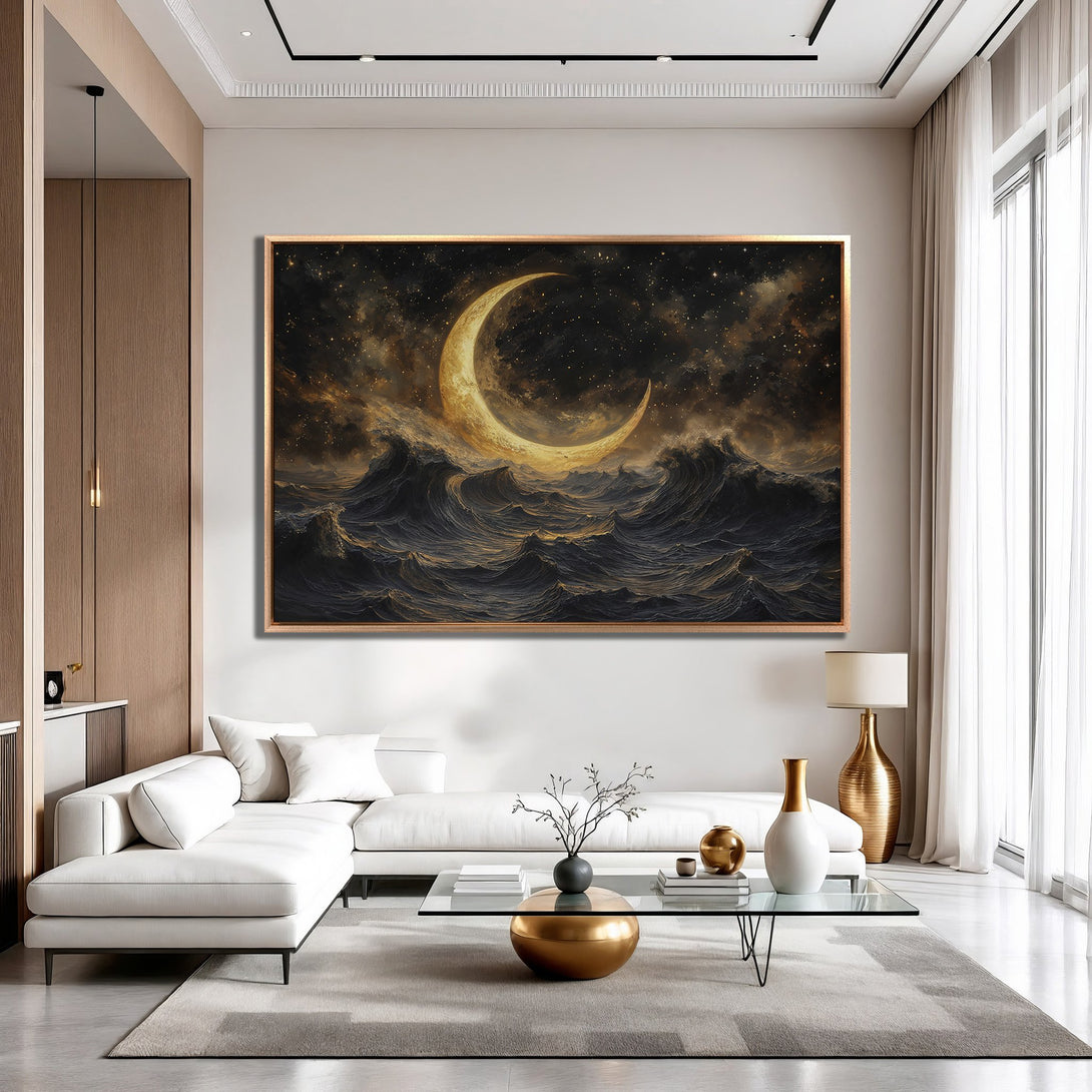 Framed Wall Art: Dramatic moonlit ocean scene in gold and dark blue, perfect for modern home decor. Enhance your living space with this stunning print.