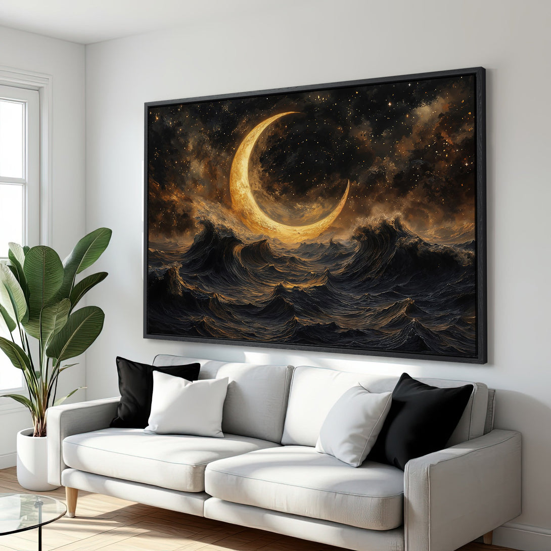 Framed Wall Art: Majestic moon over stormy ocean. Dramatic, artistic canvas print in gold, black, and dark blue. Perfect for living room decor.