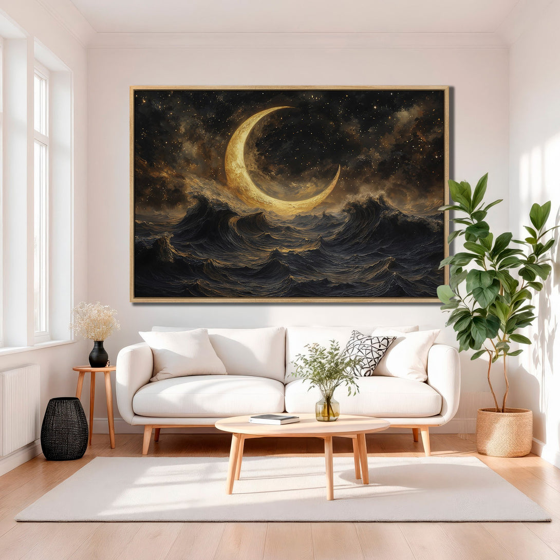 Framed Wall Art: Stunning moon over ocean canvas print in gold and black. Perfect for modern living rooms. Shop celestial art today!