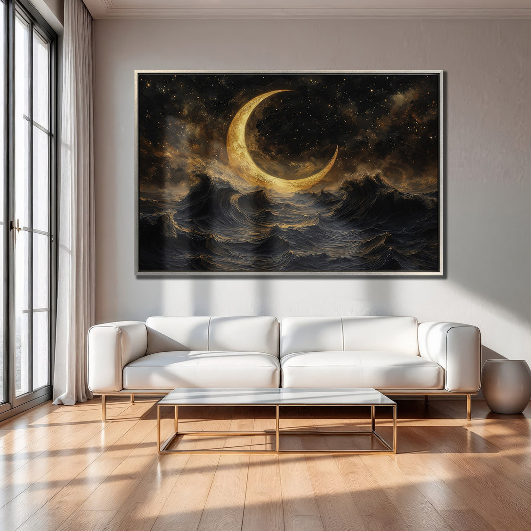 Framed Wall Art: Dramatic moon over ocean scene in gold and black, displayed in modern living room. Elevate your space with this stunning canvas print.