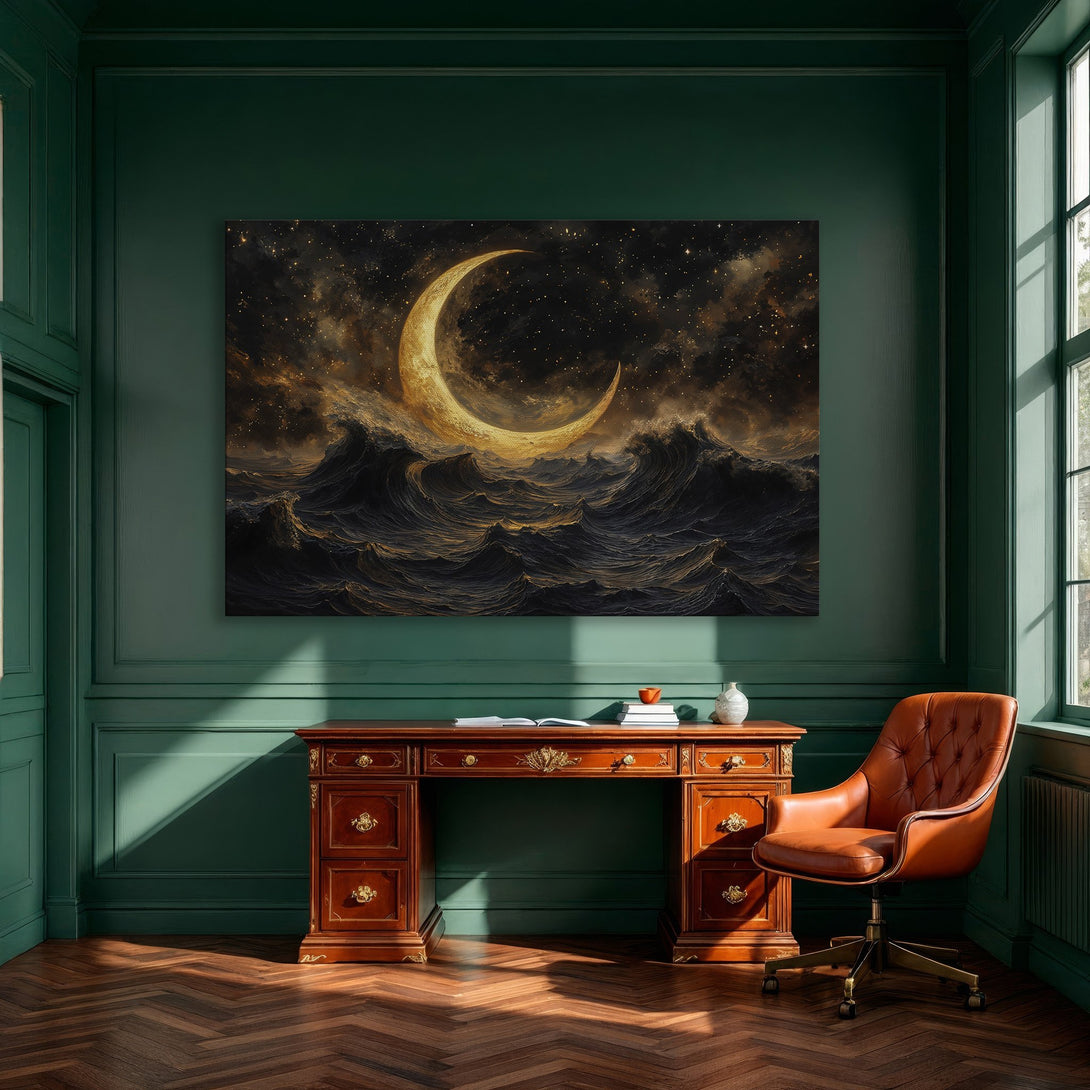 Framed Wall Art: Celestial moon over stormy sea. Dramatic art in gold and black tones. Perfect for modern home decor.