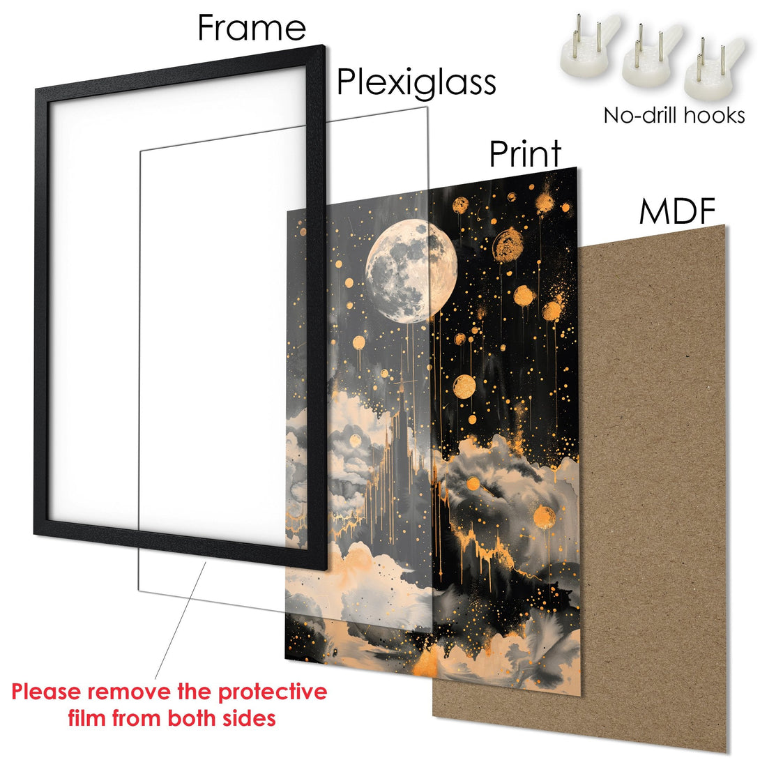 Framed Poster featuring a celestial, abstract design with a black, gold, and grey color palette. Perfect wall art!
