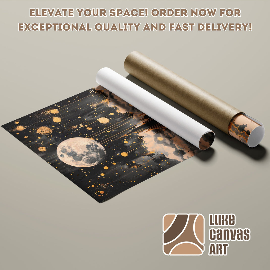 Poster Roll featuring a celestial design with a black, gold, and beige color palette. Perfect for adding art to your space!