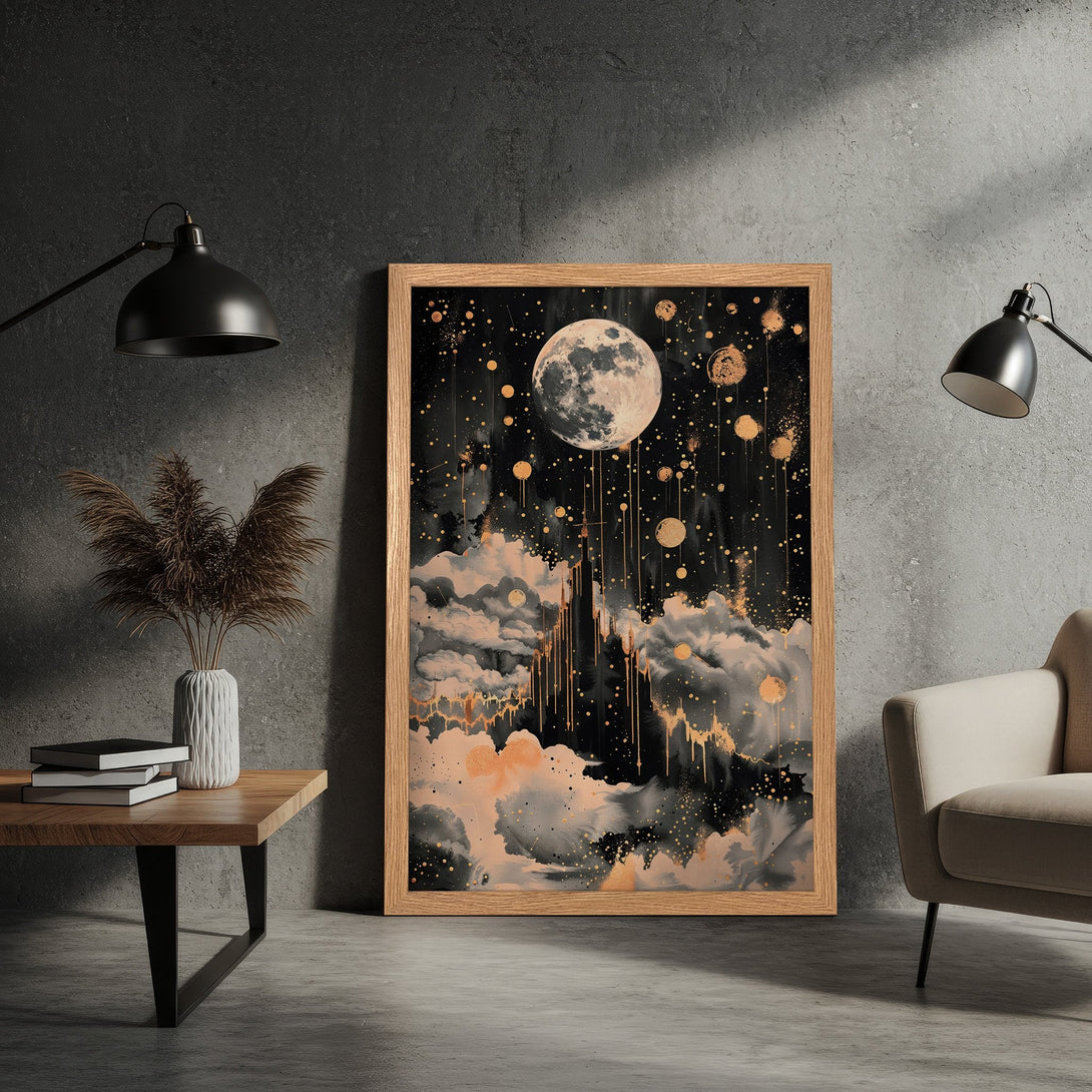 Framed Poster featuring a celestial night scene with moon, clouds, and gold accents. Modern art style in black, gold, and neutral tones.