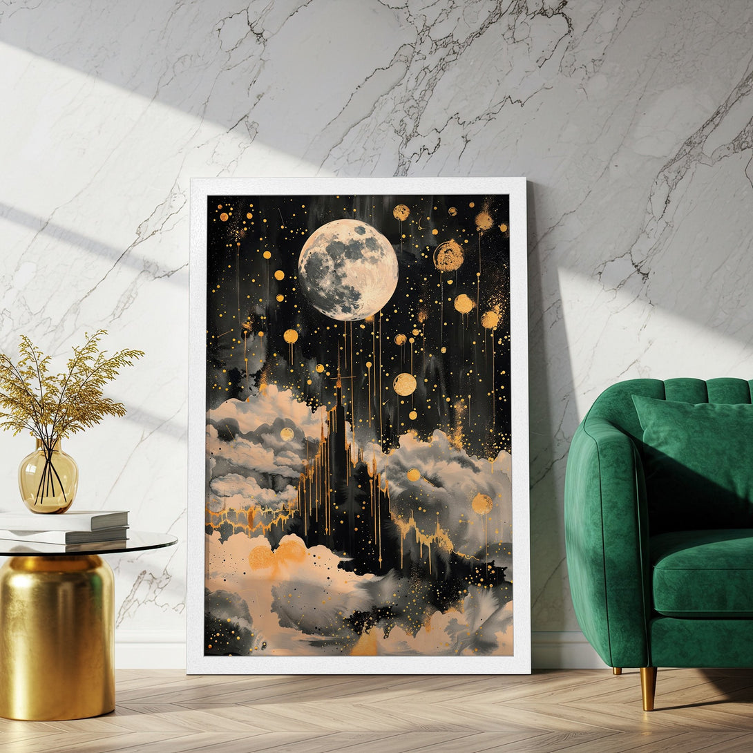 Framed Poster featuring a celestial moon and cloud design in a modern, abstract style with a black, gold, and beige color palette. Perfect wall art!