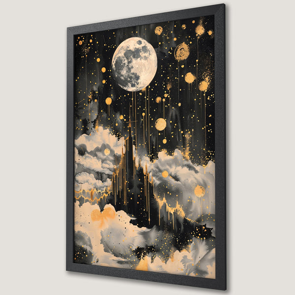 Framed Poster featuring a dreamy night sky with a moon, clouds, and gold accents. Abstract art style, black, gold, and beige color palette.