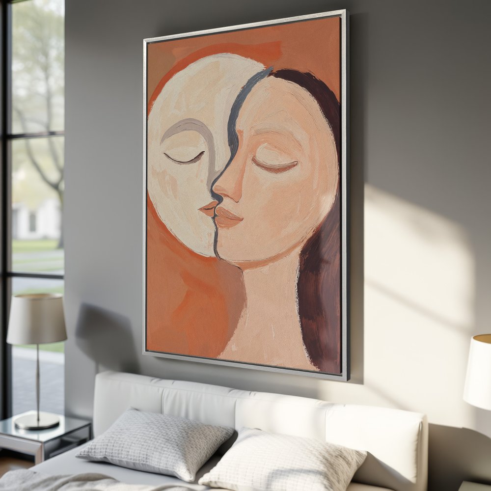 Framed Wall Art: Abstract faces in warm terracotta tones. Modern art Canvas Print for bedroom decor. Enhance your space with this unique piece.